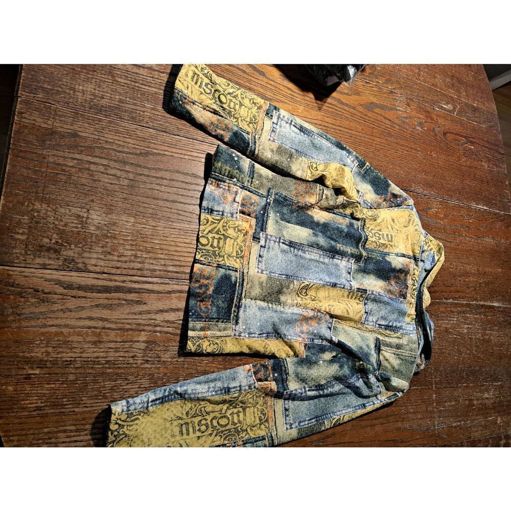 Size 8 Joseph Ribkoff Long Sleeve Zip Faux Denim Shirt Jacket Blue Yellow Orange - Picture 5 of 8
